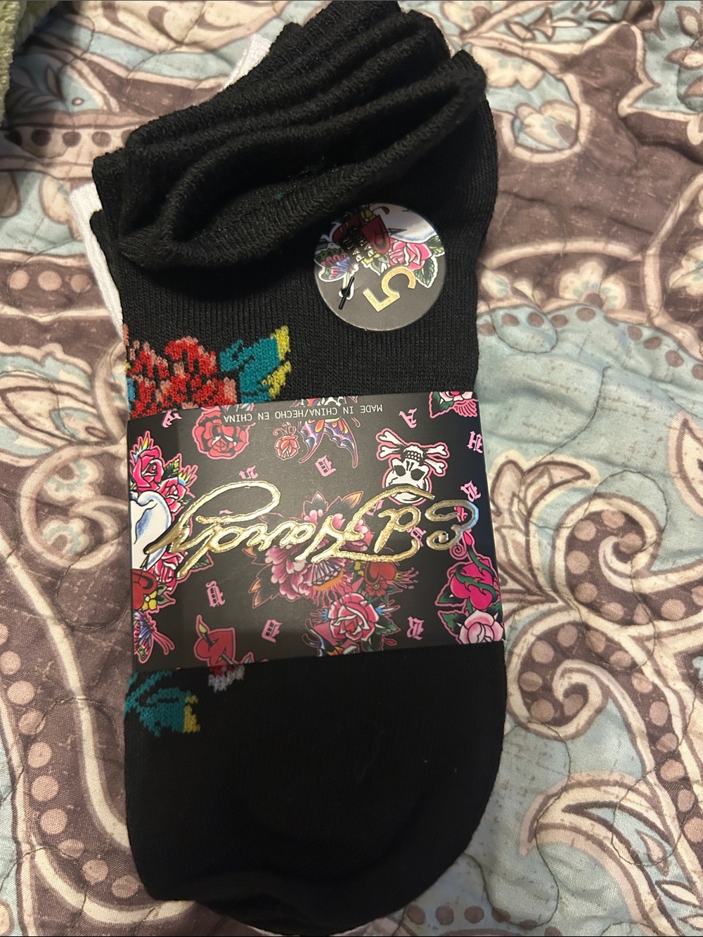 Ed Hardy Black Crew Socks with Multicolor Floral Accent